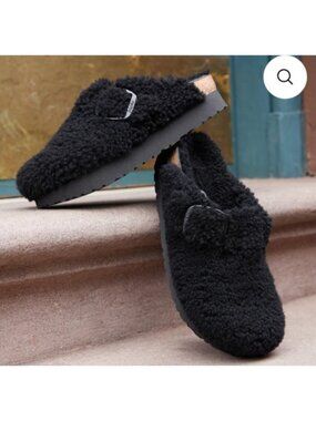 Papillio Birkenstock Boston Teddy Shearling Clogs Black US 7 Wool Mule Slippers